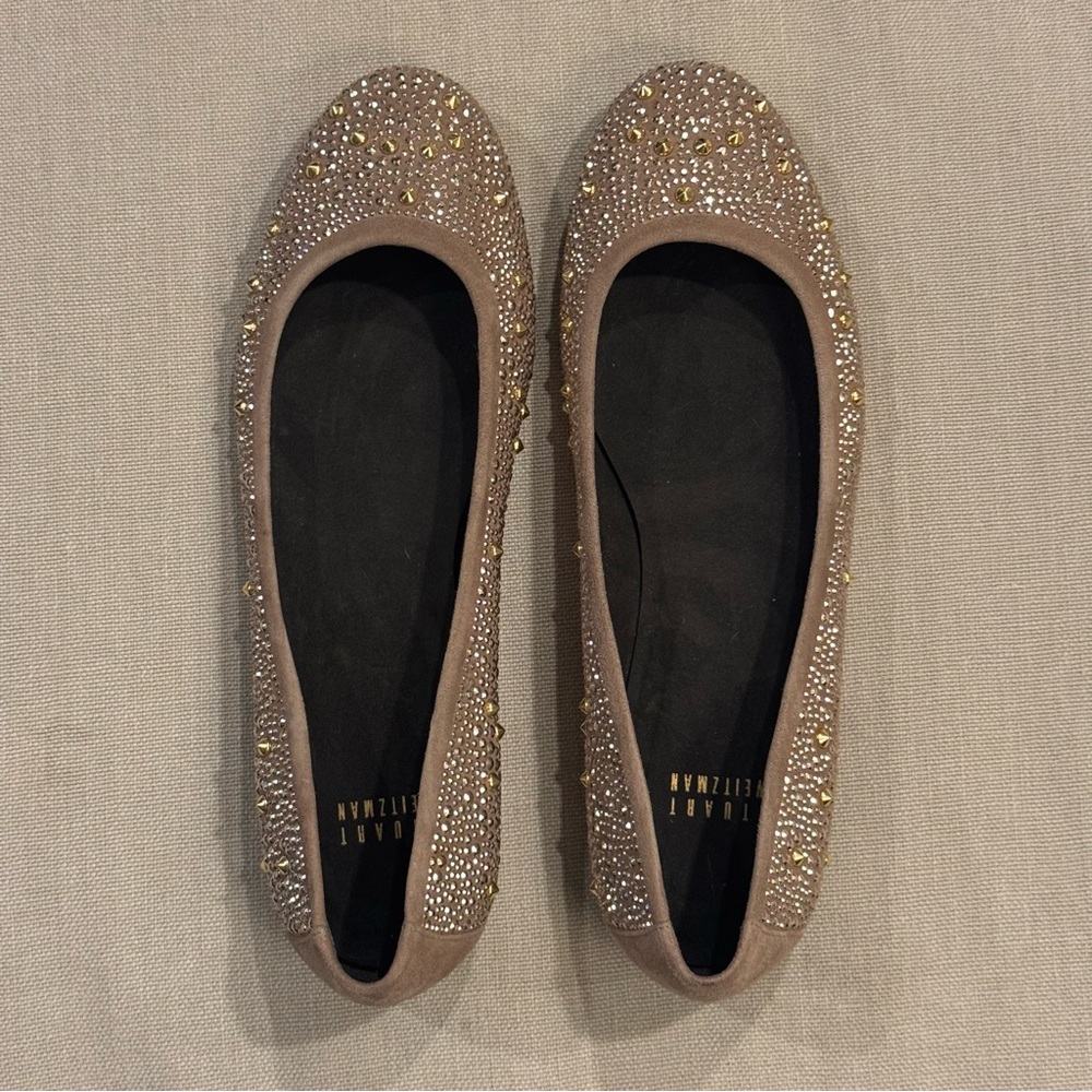 STUART WEITZMAN Crystal Embellished Suede Ballet Flats - Taupe - Size 9 - Picture 2 of 11